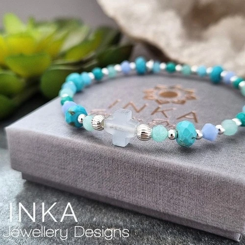 925 Sterling Silver Amazonite & Turquoise Stacking Bracelet with Cross Bead INKA