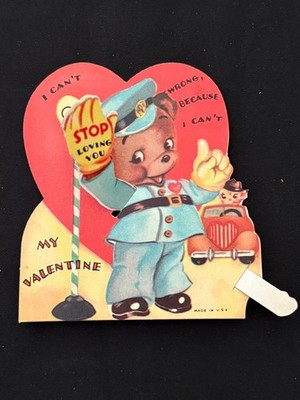 Old Valentine Bear Policeman Vintage Die Cut Mechanical Card  Stop Loving You 