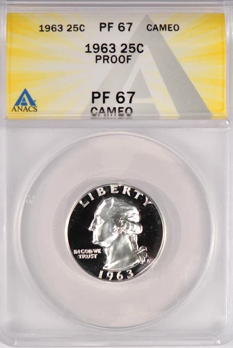 1963 Washington Quarter Proof ANACS PF 67 CAMEO PR 67 CAM Frosty Silver Coin 25C