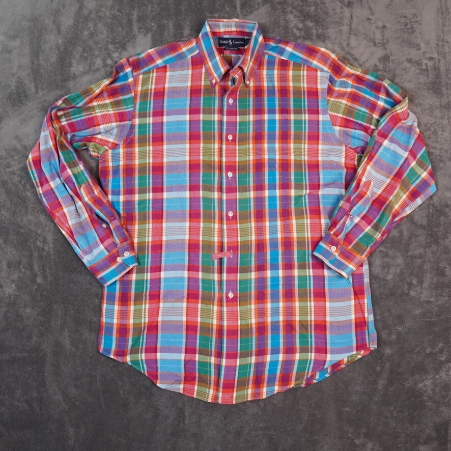 PONY Camicia Ralph Lauren vintage uomo 16 grande rosso blu verde preppy madras nautica costiera