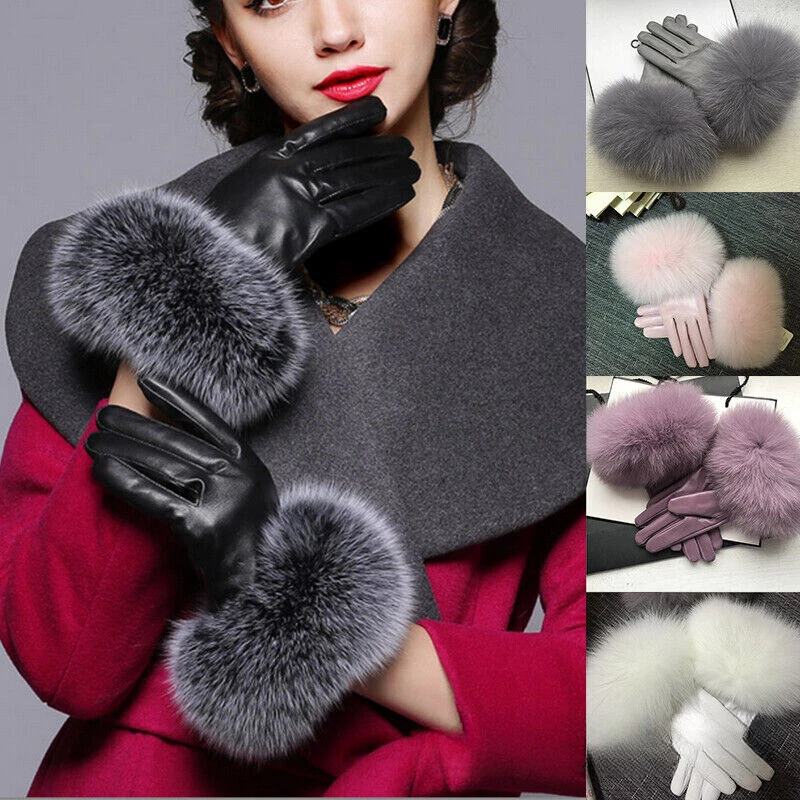 Women Genuine Lambskin Leather Gloves With Real Fox Fur Trim Cuff Winter Warm