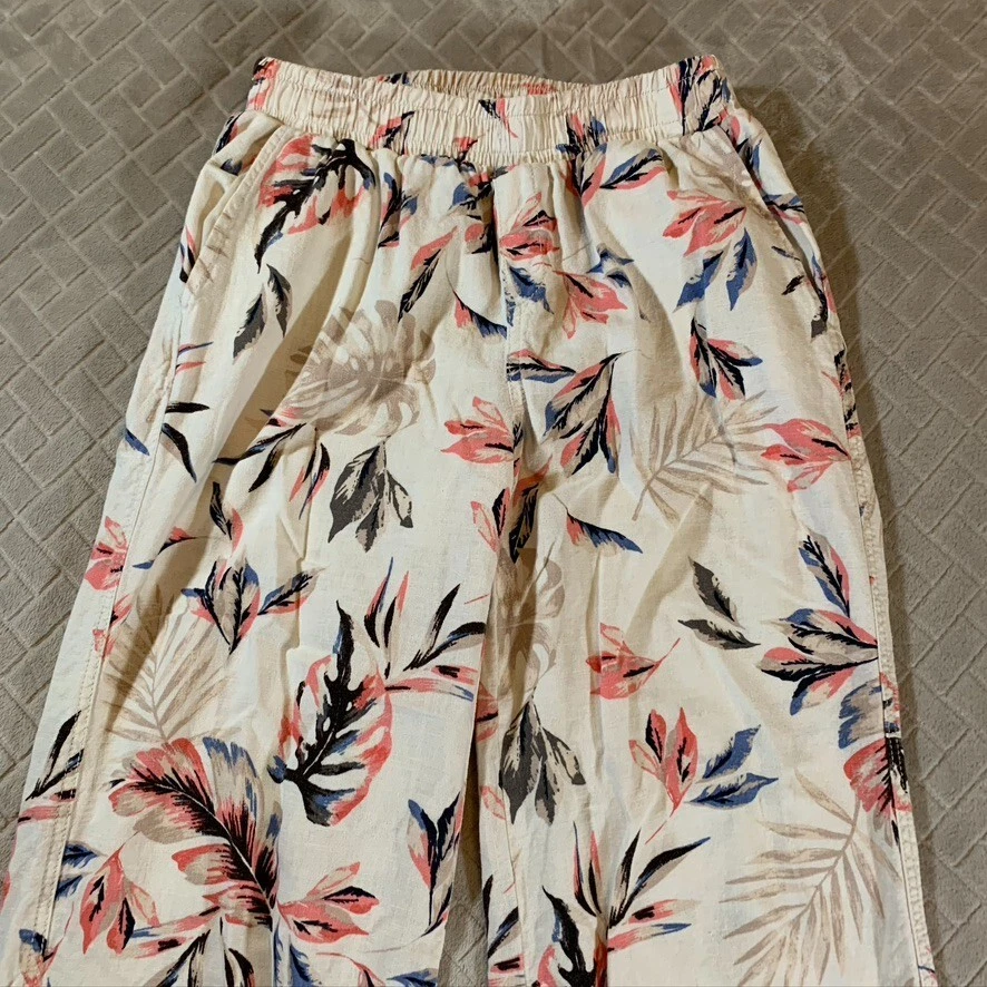 Briggs Womens Small Linen Blend Casual Pants Floral Flare Wide Leg Lightweight - Image 2 of 4