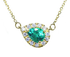 May Birthstone Natural Emerald Sideways Pendant Necklace 14K Yellow Gold