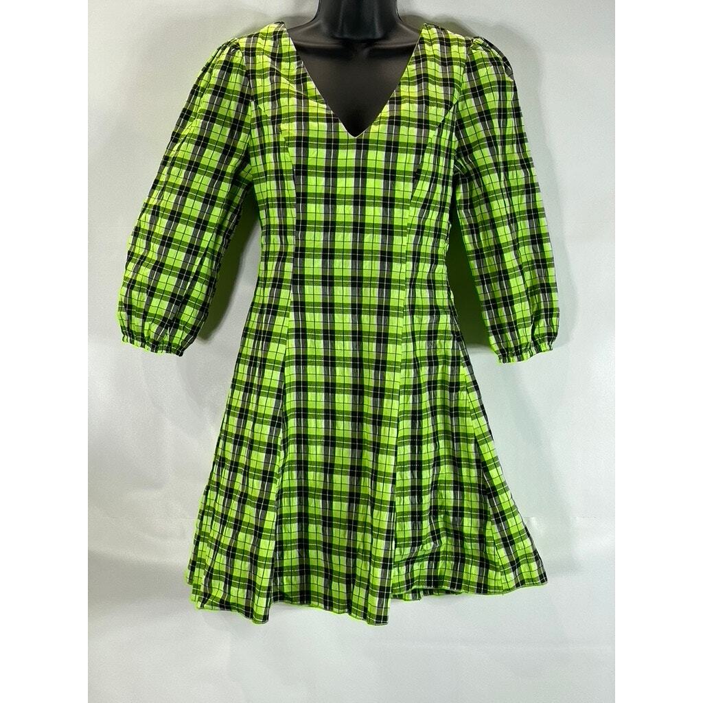 CIDER Women's Black/Green Neon Plaid V-Neck Long Sleeve Mini Dress SZ  S(US4) | eBay