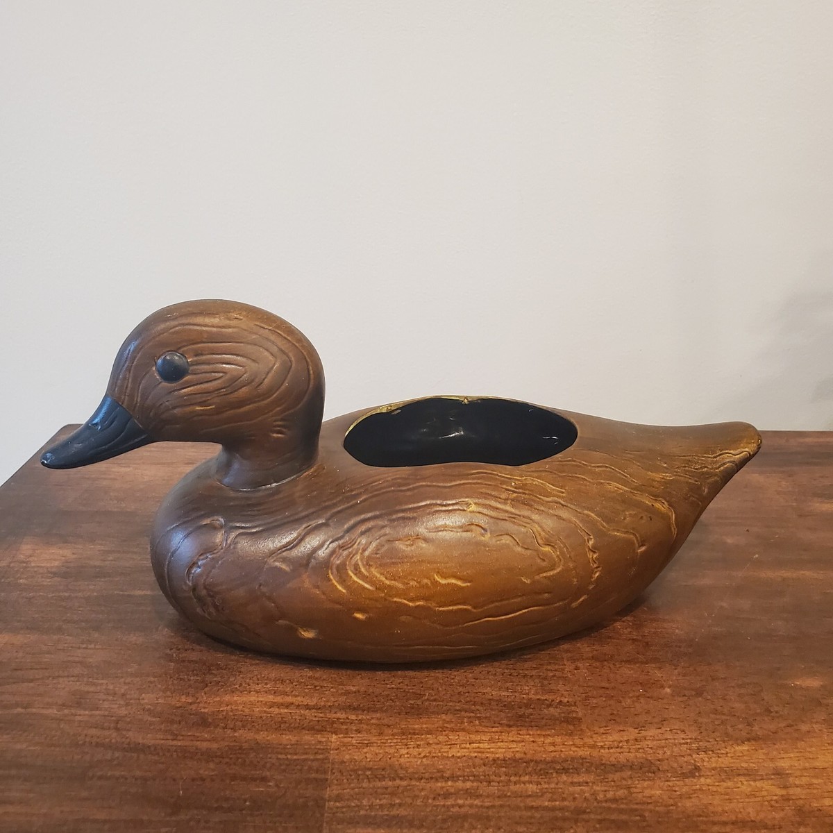 Vintage FTD Ceramic Mallard Duck Planter Wood Grain Design Extra