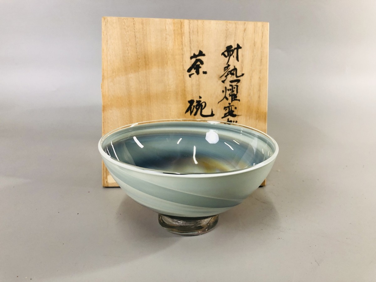 Y6912 CHAWAN Glass Matcha bowl signed box Japan antique tea