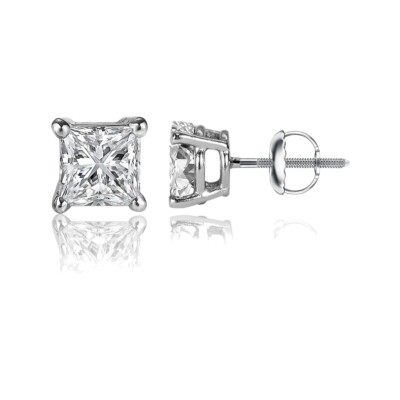 4 kt Princess Cut Lab Created FL/D Ohrstecker 14 Karat Weißgold 7 mm ''Screw Back''