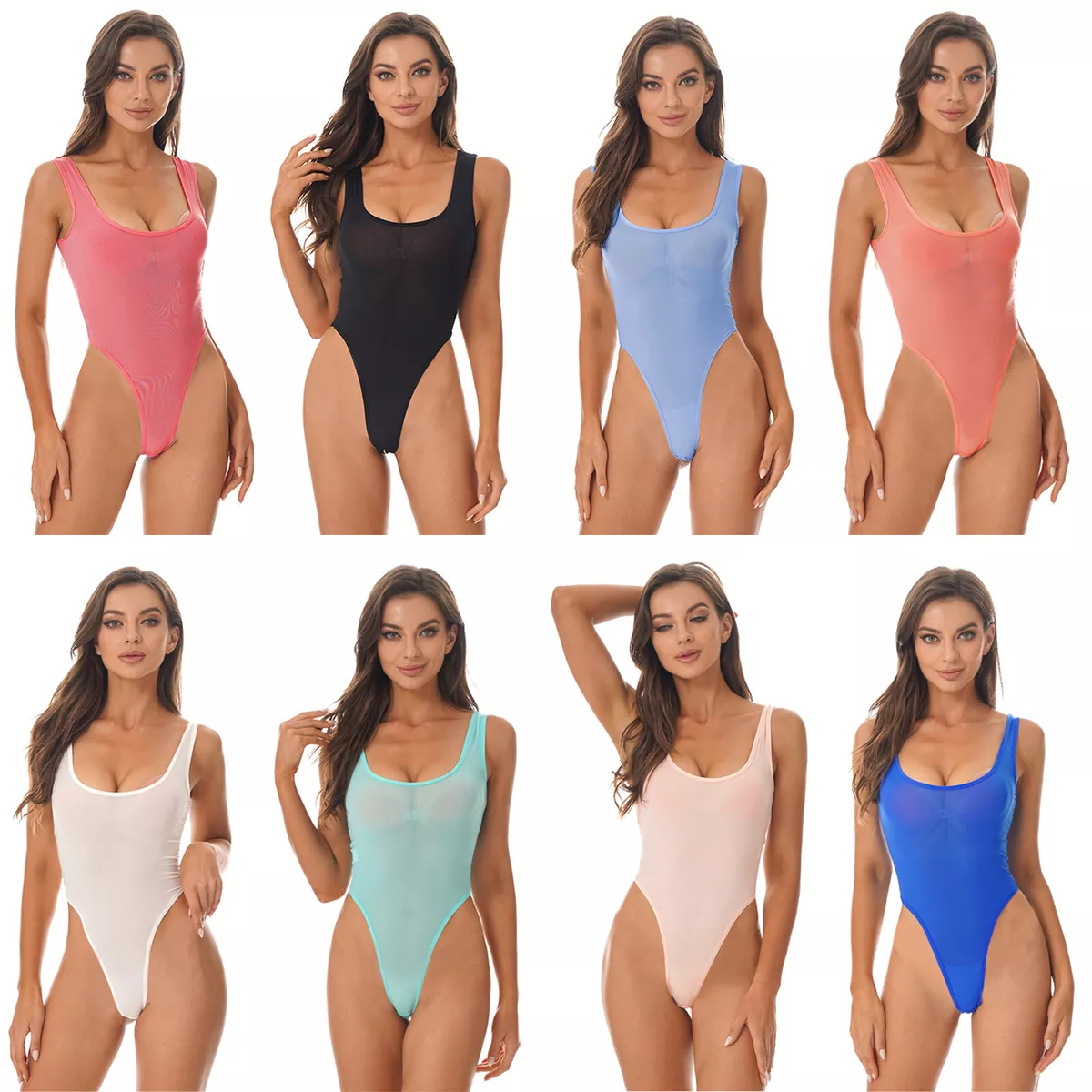 Women See Through High Cut Bikinis Bodysuit Crotchless Thong Teddies  Swimwear