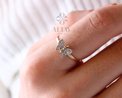 14K Gold Schmetterling Ring, zierlicher Gold Vorsteckring, Statement Valentinstag