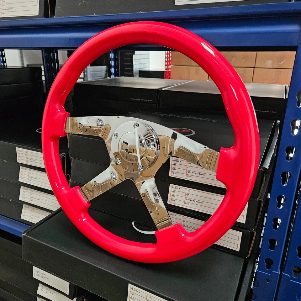 VOLANTE RAPTOR 15" CROMO ROJO MADERA Foto 2 de 4