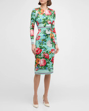 Dolce&Gabbana Floral Stripe-Print Long-Sleeve Midi Dress Blueflower Size IT 48