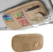 Car Sun Visor Organizer, Multi-Pocket PU Leather Sunglass Holder Color: Beige