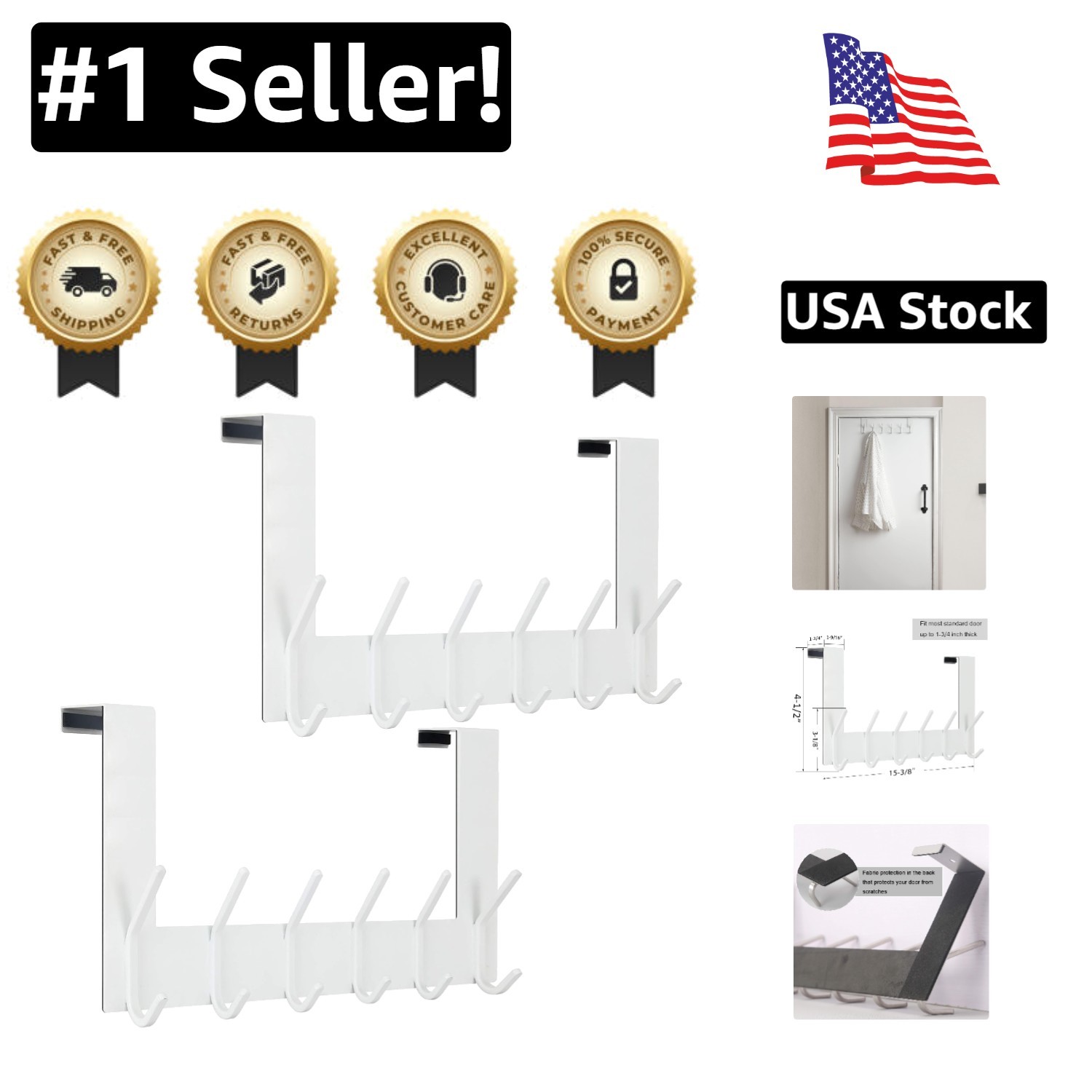 Modern Over The Door Hook Set - Perfect for Coats, Towels & Robes - 2 Pack