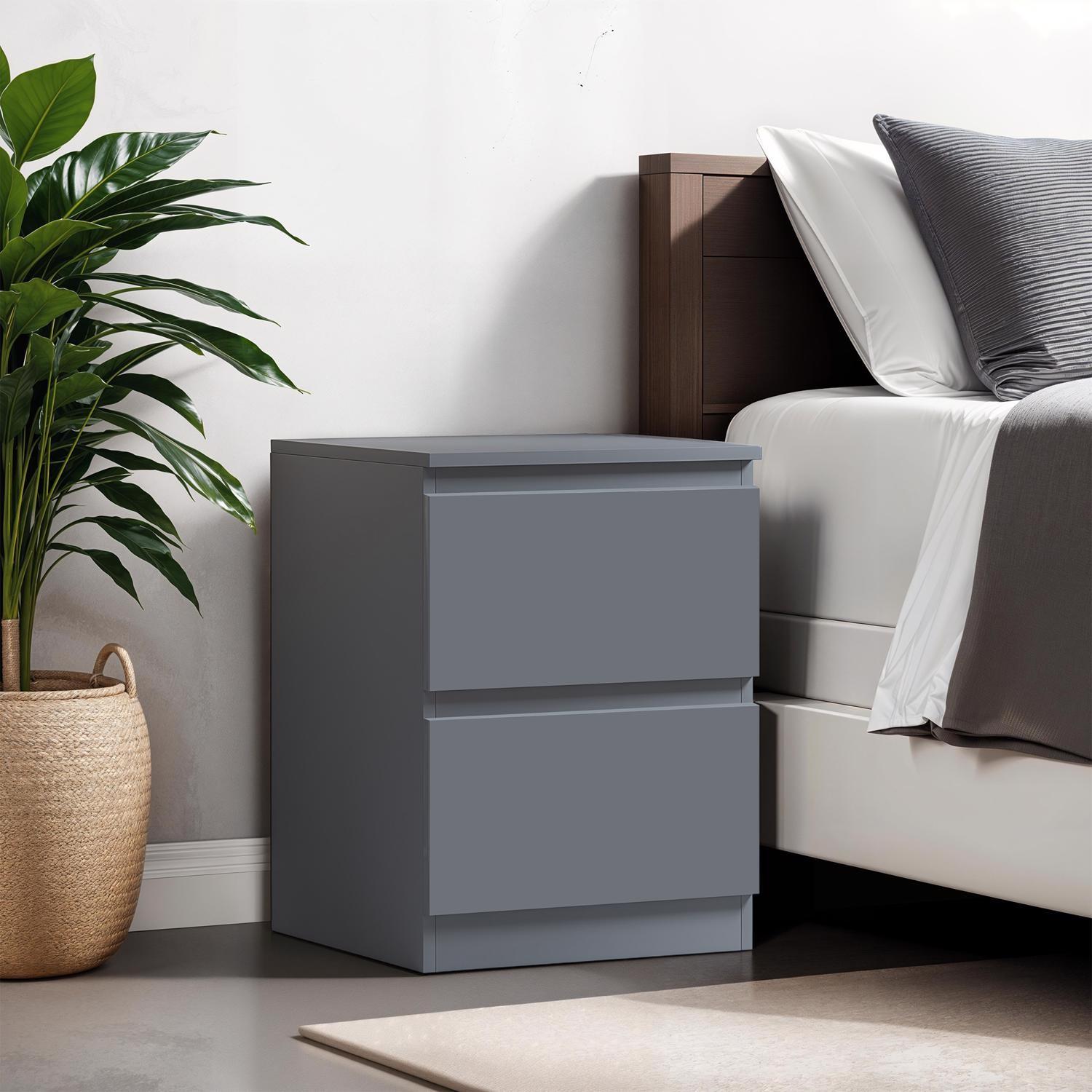 Matt Dark Grey 2 Drawer Bedside Handleless Deep Drawers Bottom Fixed Runners