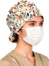 100 Cotton Scrub Cap Buttons Sweatband TieBack Nurse Unisex Work Hat