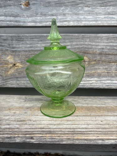 Vintage Uranium Green Depression  Glass Lidded Candy Dish- Anchor Hoking