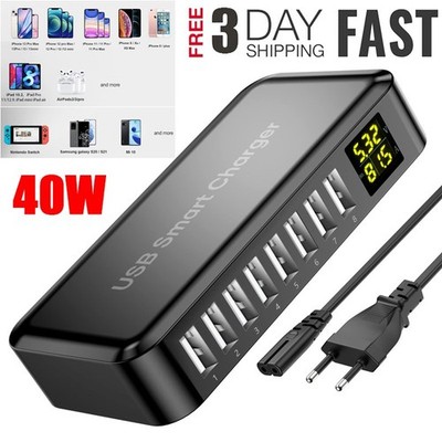 8-Port Multi Ladestation USB Ladegerät Desktop Hub Adapter LED Display 5V 8A 40W