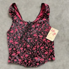 90s Empire Intimates Corset Top XL Red Brocade Black Floral Lace Up Lingerie New