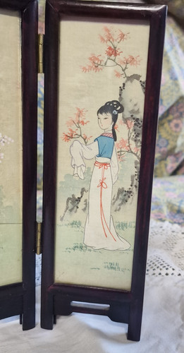 Vintage Chinese Style Miniature Table Screen 3 Panel Double Sided Landscape (photo 4)