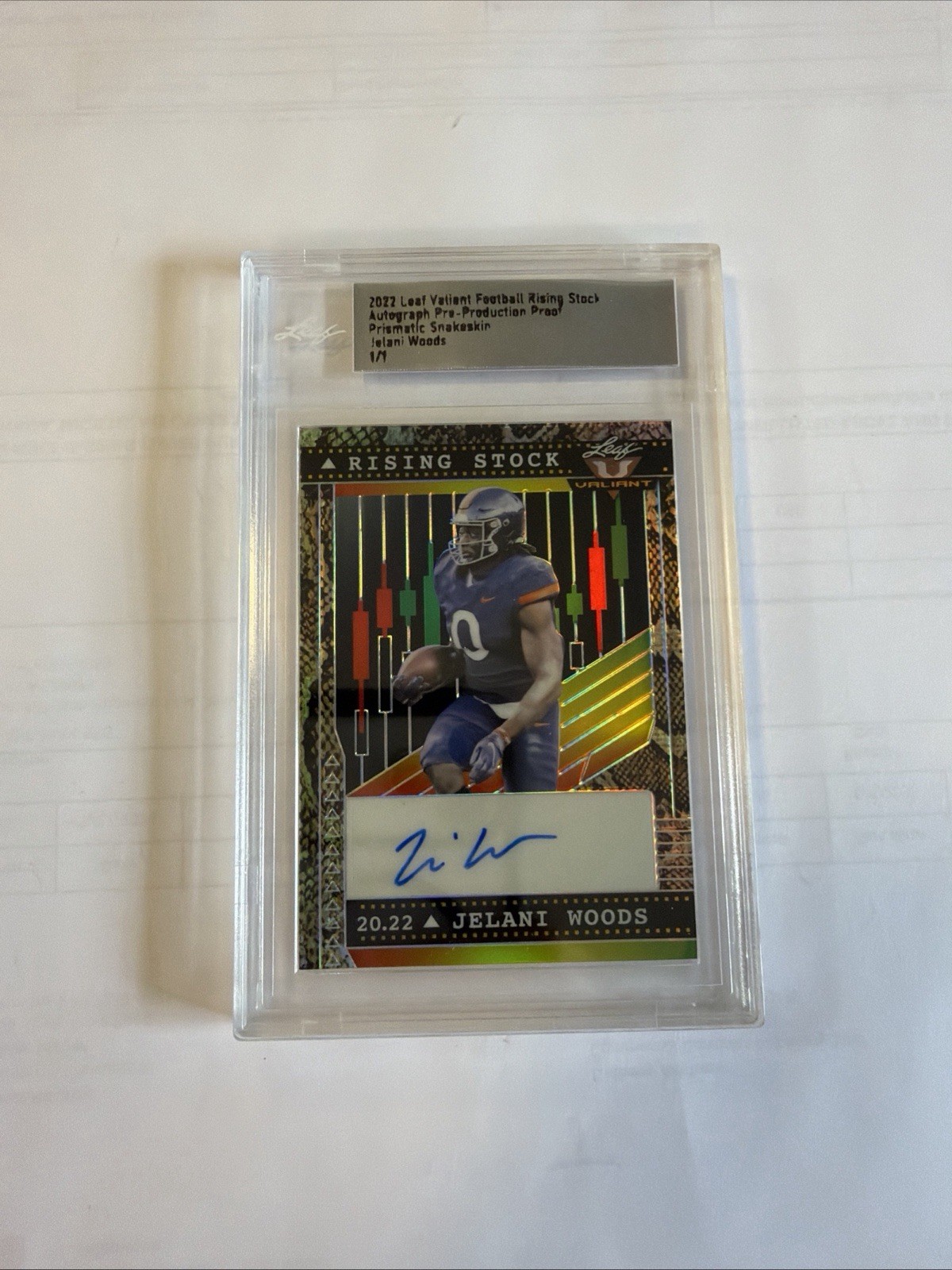Jelani Woods Leaf Valiant Rising Stock Autographs #RSJW2 Gold Super Prismatic