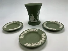 Wedgwood Sage Green Jasperware 4" Vase Cup & Ashtrays Neo Classical England