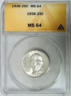 1936 Silver Washington Quarter, ANACS MS-64