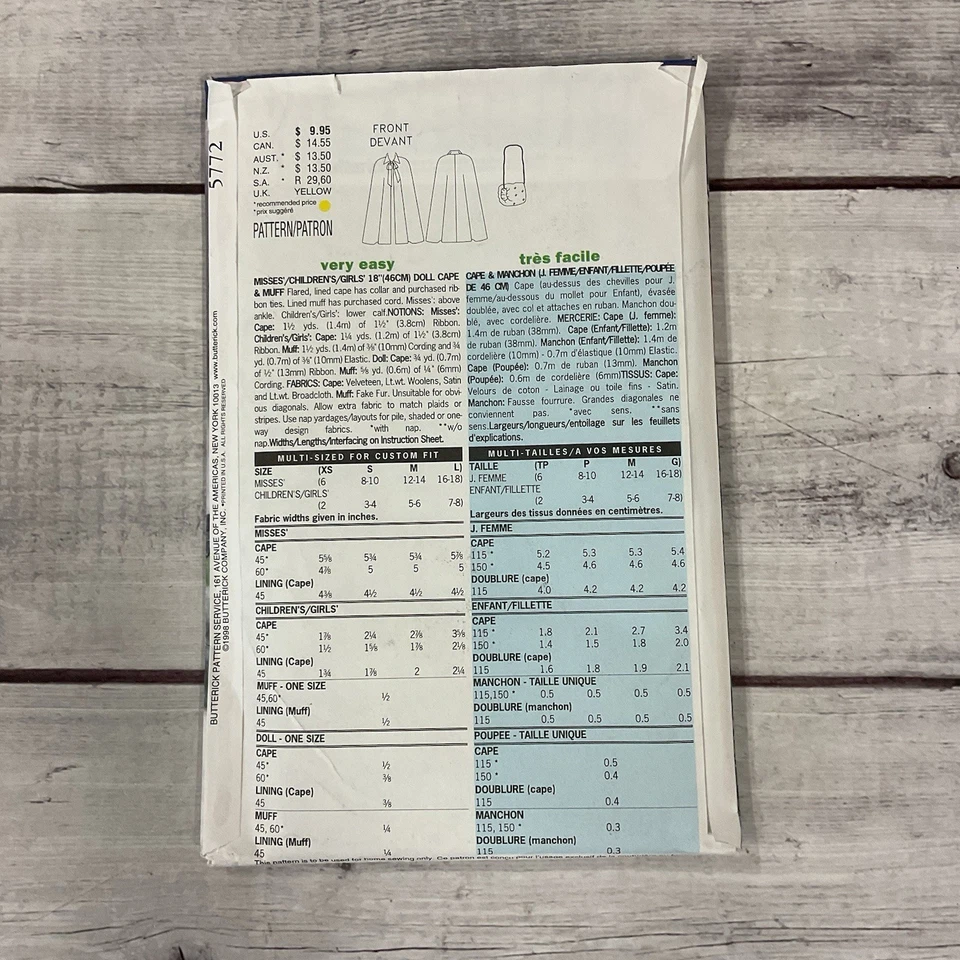 Butterick 5772 Sewing Pattern Cape Mother Daughter 18 Inch Doll Costume UNCUT - Image 2 of 3