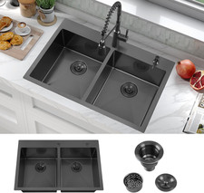 ATTOP 33 Inch Black Drop in Double Bowls Kitchen Sink,33X22 Inch Nano Black Hand