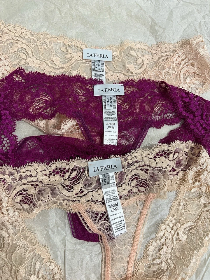 Paquete de 3 tangas de encaje transparentes La Perla para mujer melocotón, magenta nuevas sin etiquetas 0047 Foto 4 de 4