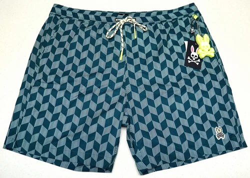 Psycho Bunny Swimsuit Mens Swim Trunks Green Geometric Board Shorts $95