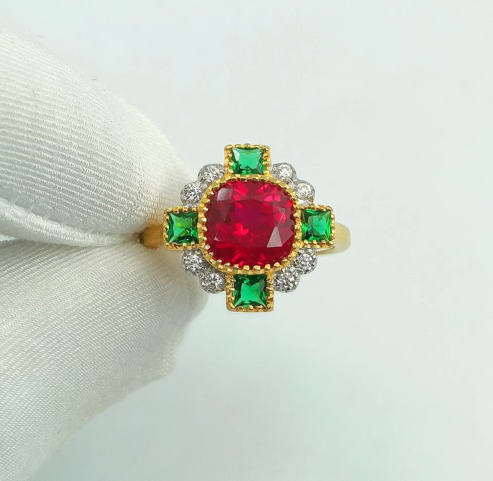 925 Sterling Silver Red Ruby Lab-Created Gold Plated Handmade Ring - Image 3 of 4