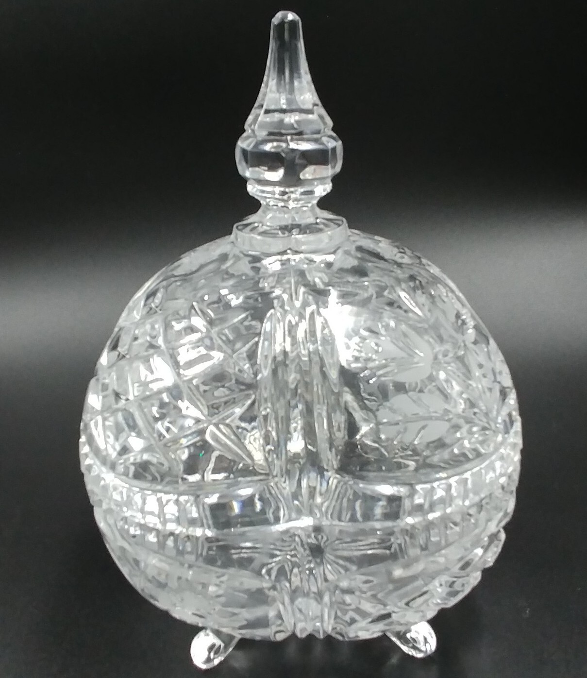 VTG 24% Lead Crystal Candy Dish with Finial Lid Cut Glass Footed Heavy 9 Inch Tall