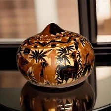 Original Hand Painted Hand Carved Unique Painting On Goard Bowl Pot Animals Art