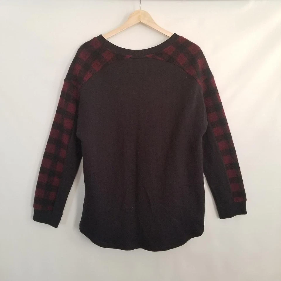Ruff Hewn Wool Buffalo Plaid Check Crewneck Sweater 1X Plus Black Burgundy Red - Image 2 of 4