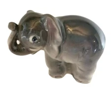 Baby Elephant Calf Ceramic Small Figurine Light Gray Trunk Up Japan