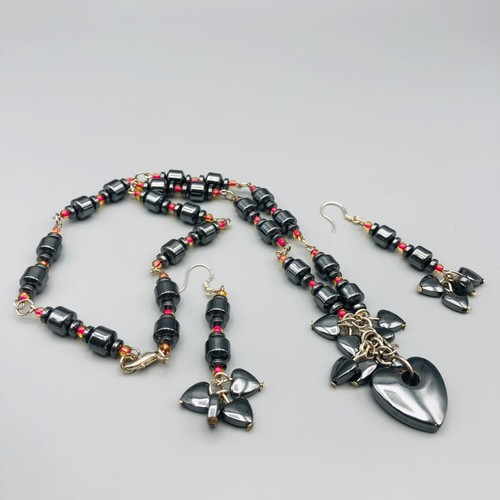 Silver Azabache & Coral Beads Blackamoor Heart cylinderical Necklace & earing - Picture 4 of 4