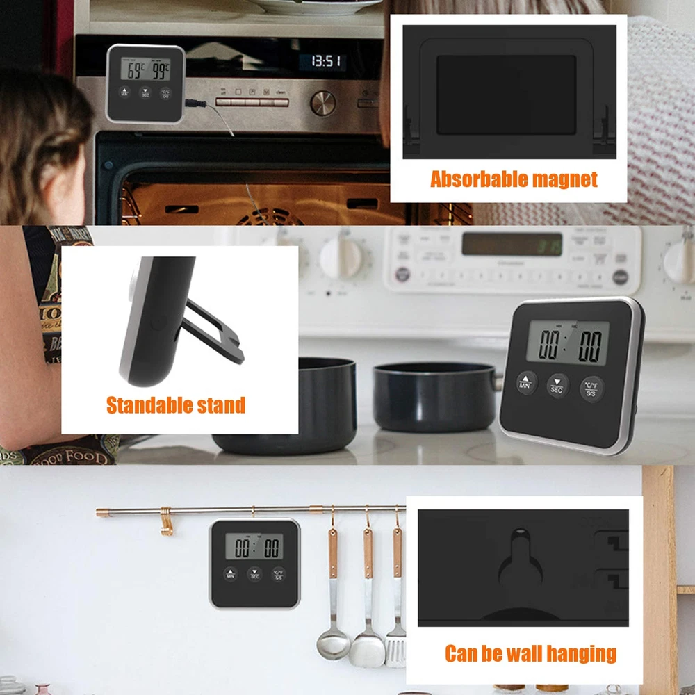 (Black)Meat Thermometer Smart 3 Buttons Digital LED Display Multifunctional O