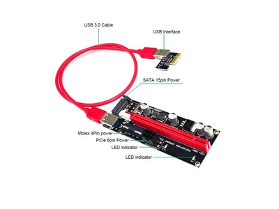 6Pack PCIe Riser Cable 1X to 16X Graphics Extension, GPU Mining, USB 3.0 powered