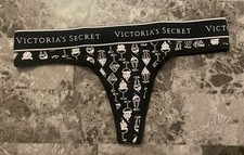 NWT VICTORIA'S SECRET BLACK ICE CREAM SUNDAE THICK LOGO WAISTBAND THONG PANTIES