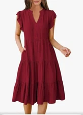 Anrabess Womens Flowy Tiered Boho Red Dress Casual & Comfortable Size Small