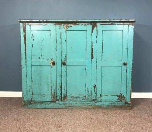 19th Century 3 Door Blue Paint Decorated Cupboard - Picture 1 of 12
