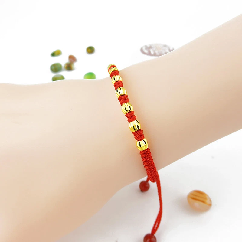 Brazalete tejido rojo con cuentas de oro amarillo puro de 24 quilates de 10 piezas de longitud de 16 cm Foto 4 de 4