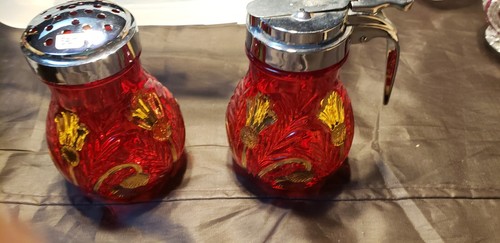 Vintage Crystal/cut glass sugar and creamer Red/Gold Thistle Pattern - Picture 5 of 6