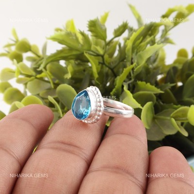 Pear Swiss Blue Topaz Stone Statement Mother Solitaire December Ring 925 Silver