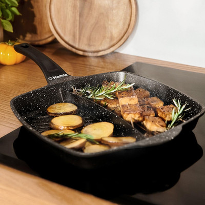 HOMLA Pfanne Grill Mit Fach 28Cm Pfanne 2 Fächer LUCASO Zweigeteilte Pfanne Brat
