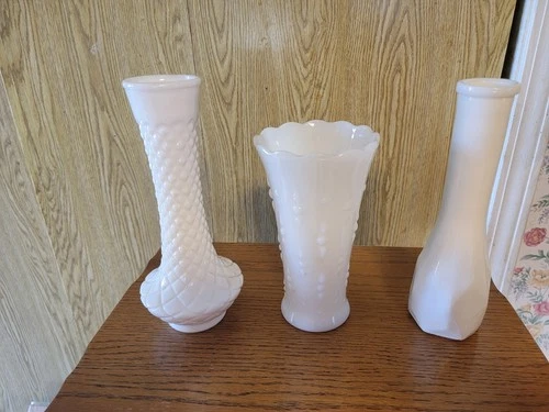 Set of three Vintage Milk Glass “squashed bubbles” design vases