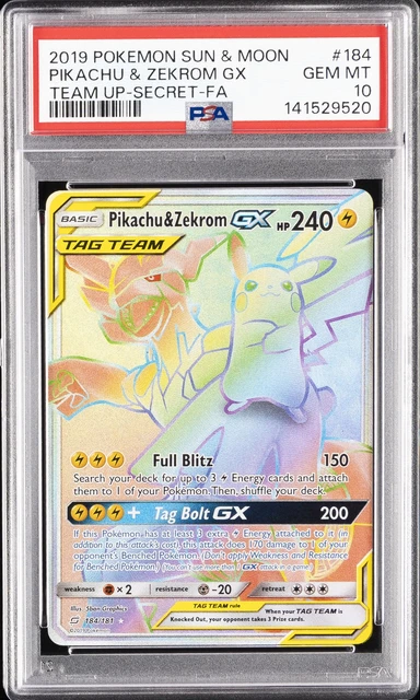 2019 POKEMON SUN & MOON TEAM UP SECRET #184 FULL ART/PIKACHU & ZEKROM GX PSA 10