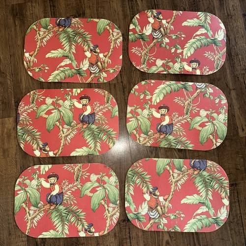 Vintage Drulane Set 6 Tropical Monkey Palm Trees Red Green 18x12.5” Placemats