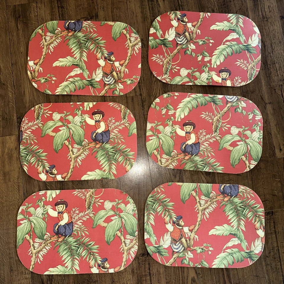 Vintage Drulane Set 6 tropische Affenpalmen rot grün 18x12,5" Tischsets - Bild 1 von 4