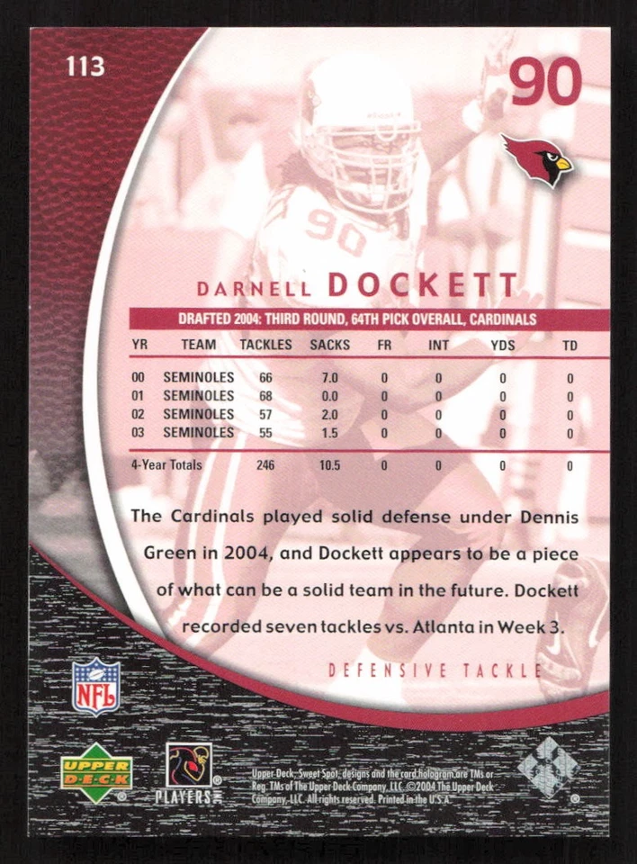 2004 Upper Deck Sweet Spot Darnell Dockett #/1299 RC Rookie #113 Card - Image 2 of 2